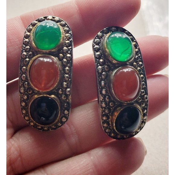 Vintage Tibetan Style 80's Glass Earrings (A354) - Picture 2 of 3